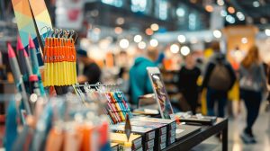 colorful accessories on display at a trade show booth